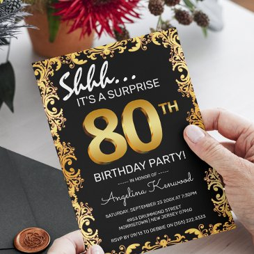 stylish black & gold 80th surprise birthday party invitation