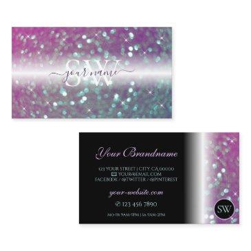 stylish black pink teal sparkling glitter initials business invitations