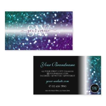 stylish black teal purple sparkle glitter monogram business invitations