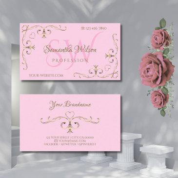 stylish gold ornate corners initials light pink business invitations