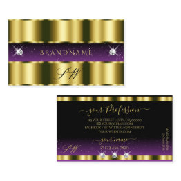Small Stylish Gold Purple Black Sparkle Jewels Initials Business Invitations Front View