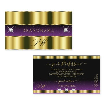 stylish gold purple black sparkle jewels initials business invitations