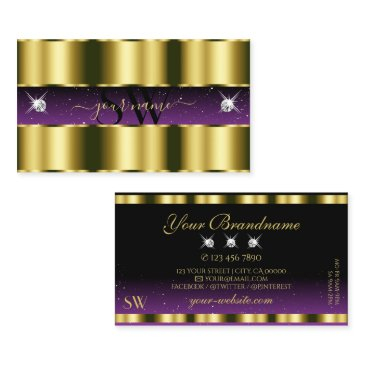 stylish gold purple black sparkle jewels monogram business invitations