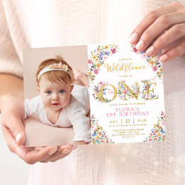 Small Stylish Little Wildflower Garden Girl 1st Birthday Invitation Front View