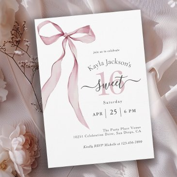 stylish pink coquette bow sweet 16 birthday invitation