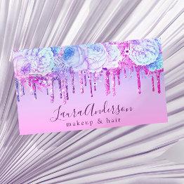 Small Stylish Purple Floral Glitter Drips Makeup & Hair Business Invitations Front View