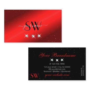 stylish ruby red black sparkling diamonds initials business invitations