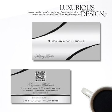stylish silver gray curved decor lines and qr code business invitations