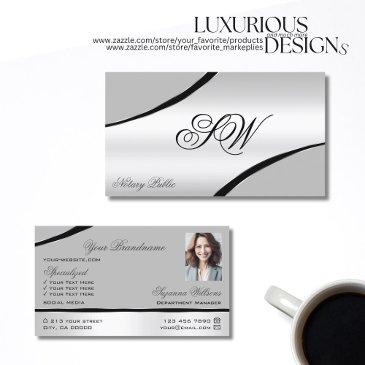 stylish silver gray curved lines monogram photo business invitations