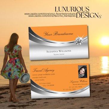 stylish silver orange with photo sparkle diamond business invitations