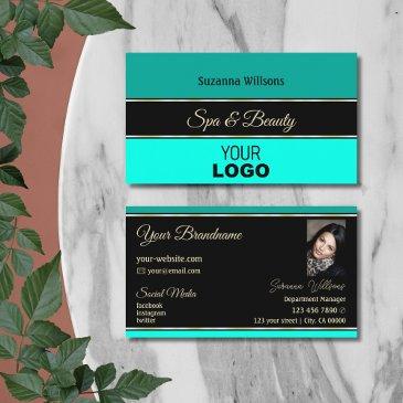 stylish teal borders on black with logo and photo business invitations