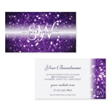 stylish white purple sparkling glitter initials business invitations