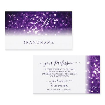 stylish white purple sparkling glitter monogram business invitations