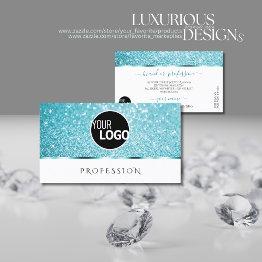 Small Stylish White Teal Glitter Luminous Stars Add Logo Business Invitations Front View