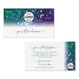 Small Stylish White Teal Purple Sparkle Glitter Add Logo Business Invitations Front View