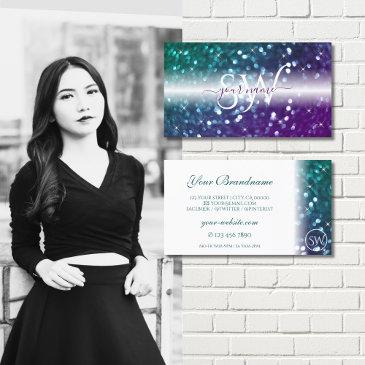 stylish white teal purple sparkle glitter initials business invitations