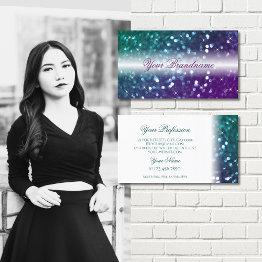 Small Stylish White Teal Purple Sparkle Glitter Modern Business Invitations Front View