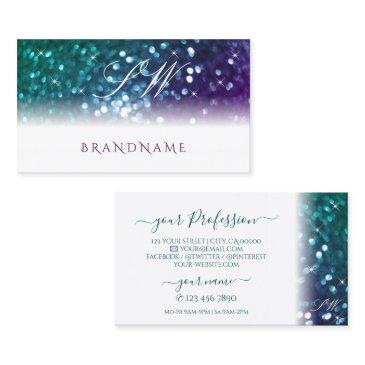 stylish white teal purple sparkle glitter monogram business invitations
