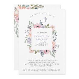 Small Subtle Watercolor Roses With Cross | Baptism Invitation Front View