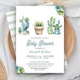 Small Succulent Greenery Cactus Pots Baby Shower Invitation Front View