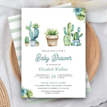 succulent greenery cactus pots baby shower invitation
