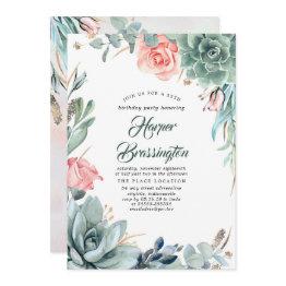Small Succulents Greenery And Pink Rose Birthday Party Invitation Front View