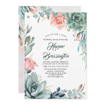 succulents greenery and pink rose birthday party invitation