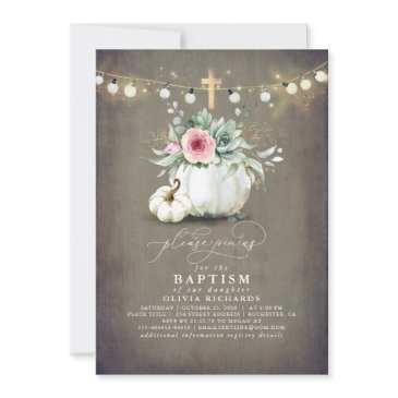 succulents pumpkins gold cross fall pink baptism invitation