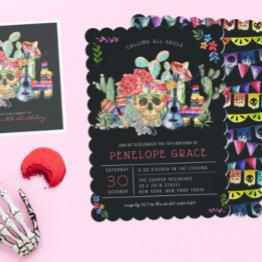 Small Sugar Skulls Day Of The Dead Birthday Party Invitation Front View