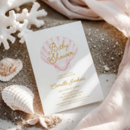 Small Summer Beach Shell Girl Baby Shower Invitation Front View