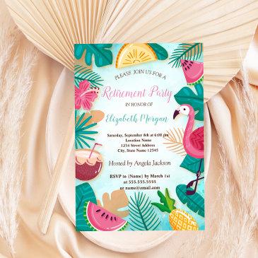 summer, palmleaf,flamingo,fruit retirement party invitation