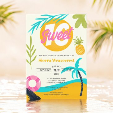 summer retro tropical beach pool sweet 16 photo invitation