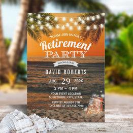 Small Summer Sunset Beach Glow Mason Jar Retirement Invitation Front View