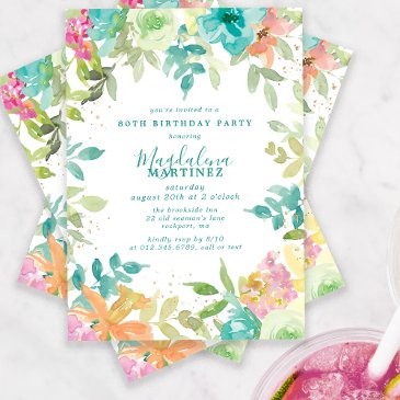 summer watercolor floral 80th birthday party invitation