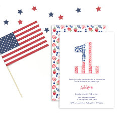 Small Summertime Fruit Red White Blue 1st Birthday Party Invitation Front View