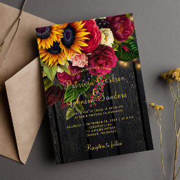 Small Sunflower And Burgundy Roses Rustic Fall Wedding Invitation Front View