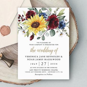 sunflower burgundy roses navy blue rustic wedding invitation