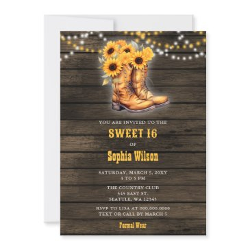 sunflower cowgirl boots barn wood western sweet 16 invitation