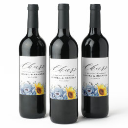 Small Sunflower Dusty Blue Slate Peony Floral Wedding Wine Label Front View