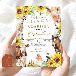 Small Sunflower Farm Animal Summer Birthday Invitation Front View