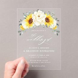 Small Sunflower Ivory Peony Floral Eucalyptus Wedding  Acrylic Invitations Front View
