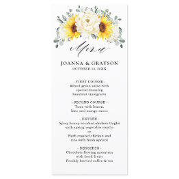 Small Sunflower Ivory Peony Floral Eucalyptus Wedding  Menu Front View