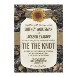 Small Sunflower Mason Jar Camo Wedding Invitations Front View