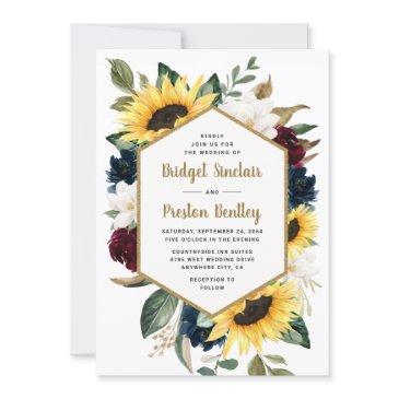 sunflower roses and magnolia rustic themed wedding invitation