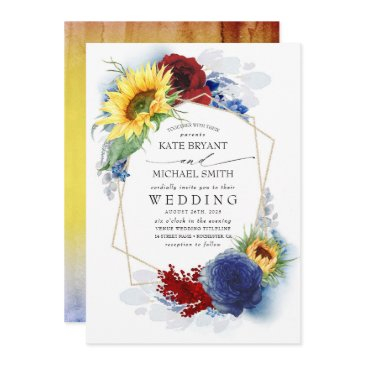 sunflowers burgundy red and navy blue fall wedding invitation