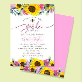 Small Sunflowers Pink Roses Sweet Bee Girl Baby Shower Invitation Front View