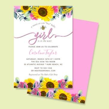 sunflowers pink roses sweet bee girl baby shower invitation