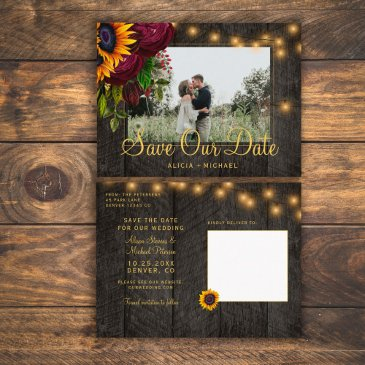 sunflowers roses barn wood save the date wedding announcement postinvitations
