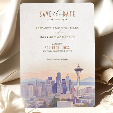 sunset silhouette seattle save-the-date invitation