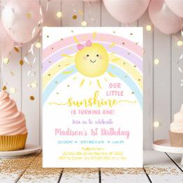 Small Sunshine Rainbow Pink Gold Pastel Birthday Invitation Front View
